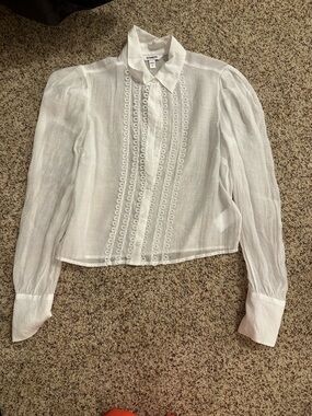 Express White Lace-Trim Sheer Button-Down Blouse